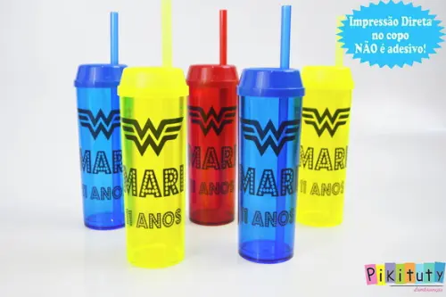 Copo Long Drink c/ canudo Mulher Maravilha