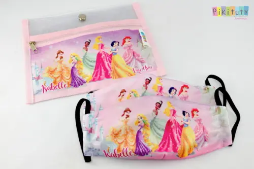 Kit c/ 1 Porta máscara + 2 máscaras de proteção Princesas