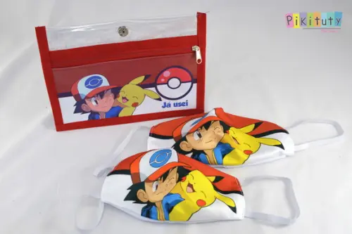 Kit c/ Porta máscara + 2 máscaras de proteção Pokémon