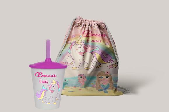 Mochilinha e Copo Twister Personalizado Unicornio