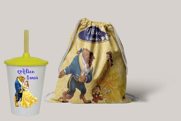 Mochilinha Personalizada e Copo Twister da Bela e a Fera