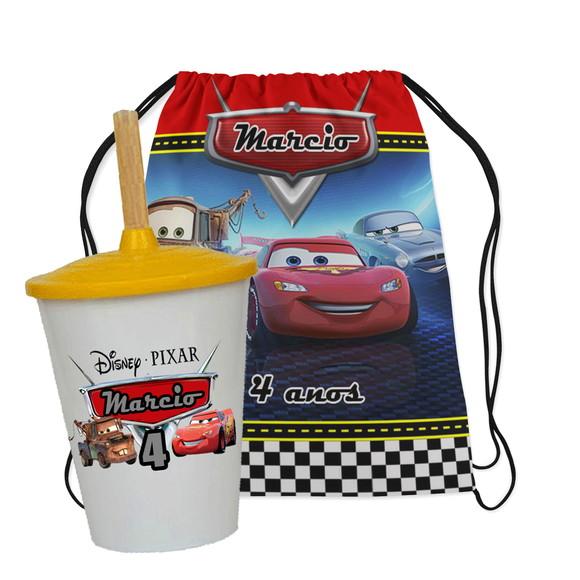 20 Kit Mochilinha +copo Twister Personalizado Carros Disney