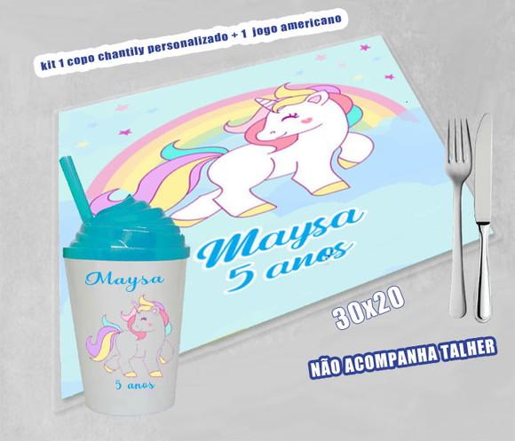 Copo Twister Chantilly +jogo Americano Unicornio Lavável