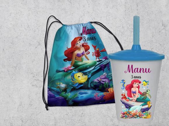 Kit Aniversaro Sereia Ariel Mochila + Copo Twister