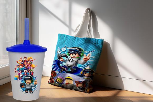 Kit Lembrancinhas do Roblox Sacola Ecobag + Copo Twister