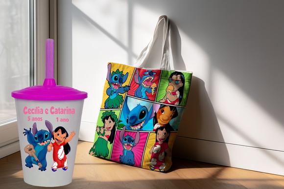 Kit Lembrancinhas Lillo Stitch Sacola Ecobag +copo Twister