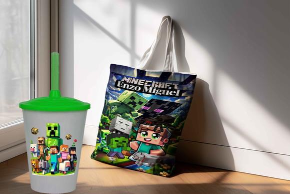 Kit Lembrancinhas Minecraft Sacola Ecobag e Copo Twister