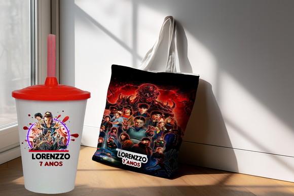 Kit Lembrancinhas Stranger Things Sacola Ecobag+copo Twister