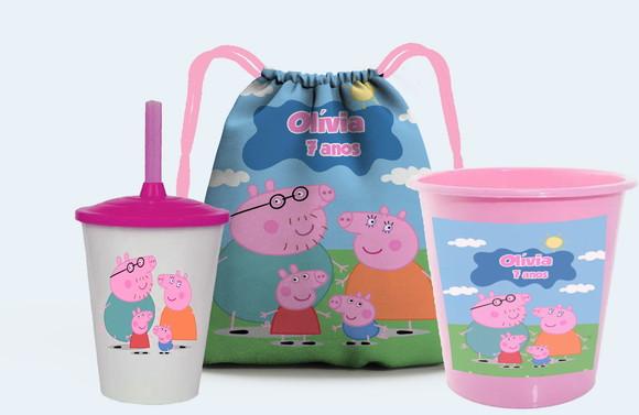 Kit Mochila + Copo + Balde de Pipoca da Pepa