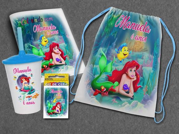 Kit Mochilinha Revista e Copo Sereia Ariel