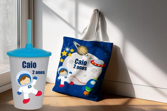 Kit Sacolinha Ecobag +copo Twister Lembrancinhas Astronauta