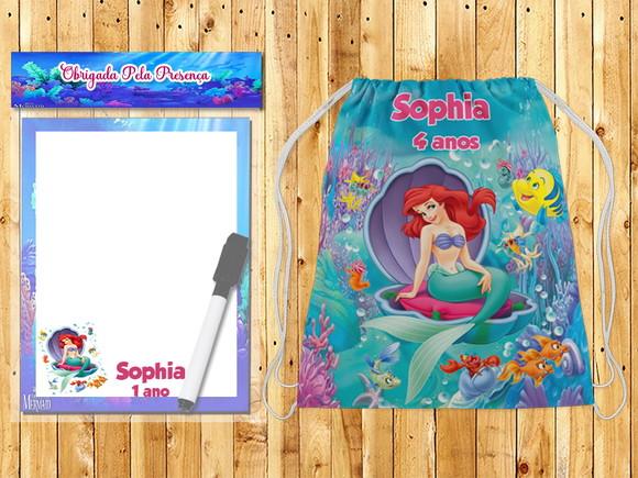 Mochilinha e Lousa Magica com Canetinha da Sereia Ariel