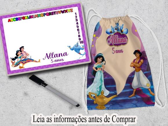 Mochilinha e Lousa Magica Lembrancinhas do Aladim e Jasmine