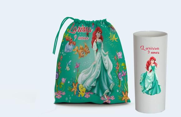 Saquinho Surpresa e Copo Long Drink Sereia Ariel