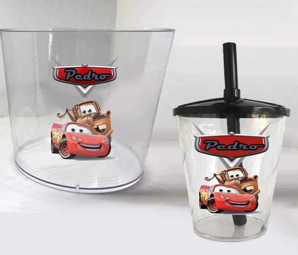 Balde de Pipoca Acrilio e Copo Twister Personalizado Carros
