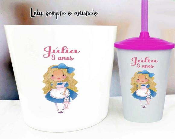 Balde de Pipoca e Copo Twister Lembrancinhas da Alice
