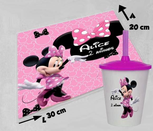 Jogo Americano e Copo Twister da Minnie Rosa