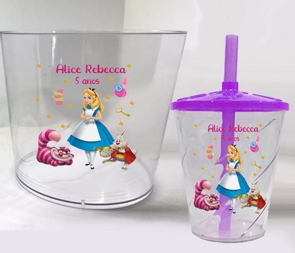 Kit Balde de Pipoca e Copo Twister da Alice no Pais
