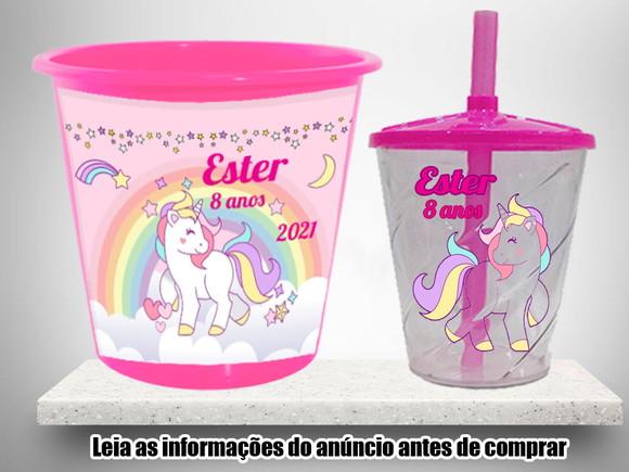 Kit Balde de Pipoca e Copo Twister do Unicornio