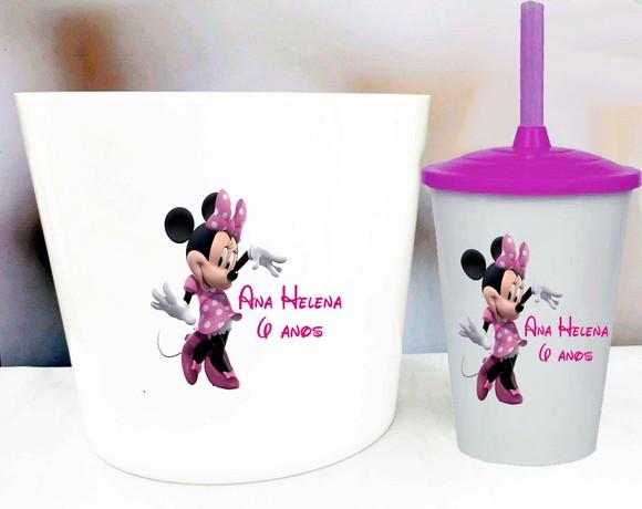 Kit Balde de Pipoca e Copo Twister Lembrancinhas da Minnie