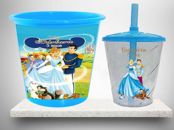 Kit Balde de Pipoca e Copo Twister Personalizado Cinderela