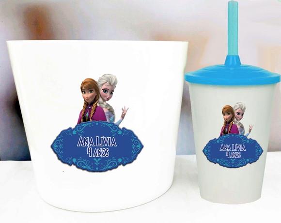 Kit Balde de Pipoca e Copo Twister Personalizado Frozen