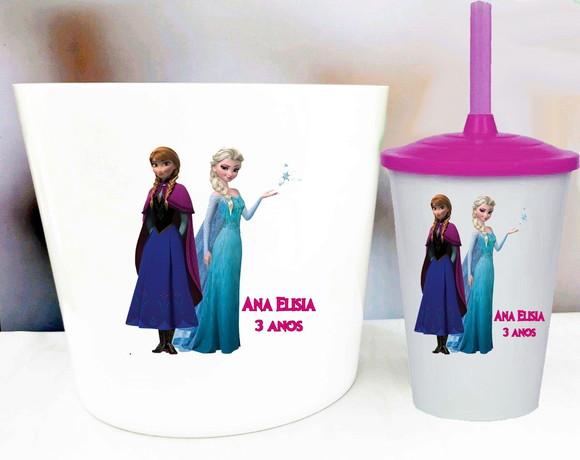 Kit Balde de Pipoca e Copo Twister Personalizado Frozen