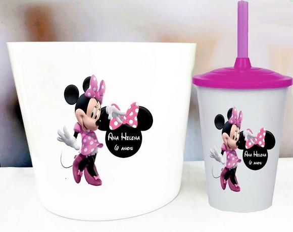 Kit Balde de Pipoca e Copo Twister Personalizado da Minnie
