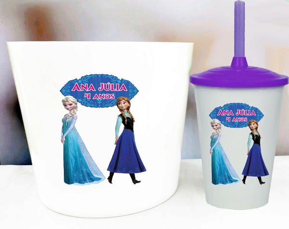 Kit Balde de Pipoca e Copo Twister Personalizado Frozen