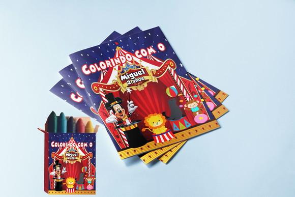 Kit Colorir do Circo do Mickey Revista com Giz de Cera