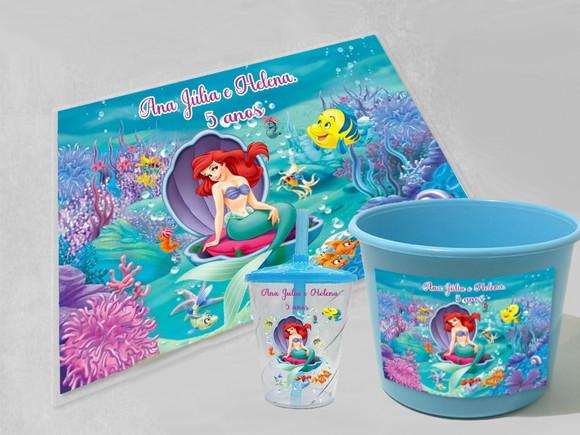 Kit Festa Sereia Ariel Balde de Pipoca+copo+jogo Americano