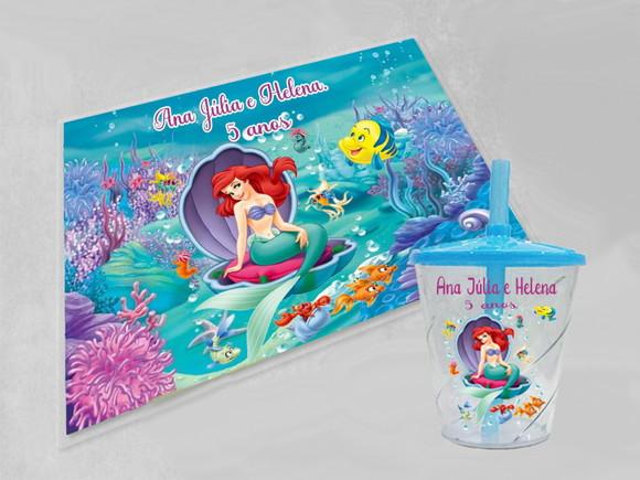 Kit Festa Sereia Ariel Balde de Pipoca+copo+jogo Americano