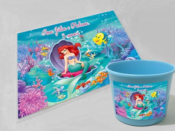 Kit Festa Sereia Ariel Balde de Pipoca+copo+jogo Americano