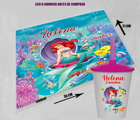 Kit Jogo Americano e Copo Twister da Sereia Ariel