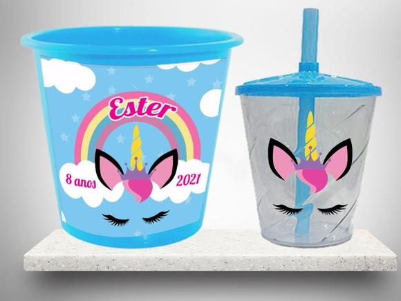 Kit Lembrancinhas Balde de Pipoca e Copo do Unicornio