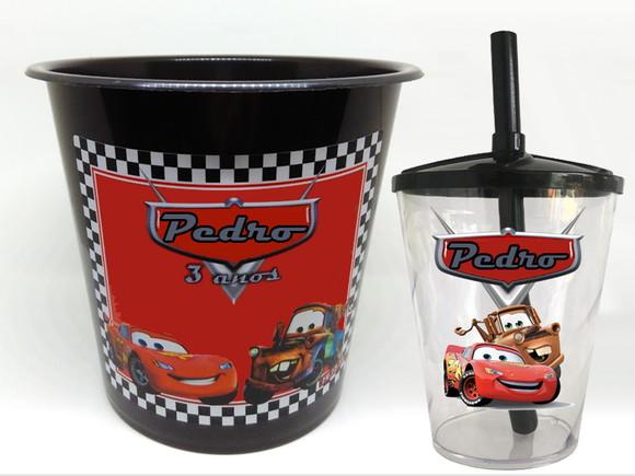 Kit Lembrancinhas dos Carros Disney Balde de Pipoca e Copo