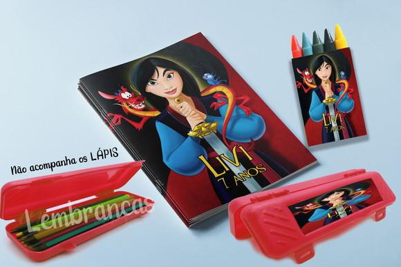 Kit Revista Colorir com Giz e Estojo Personalizado da Mulan