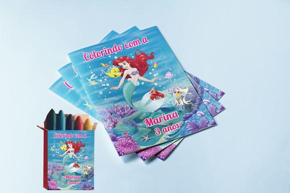 Lembrancinhas da Sereia Ariel Kit Colorir Revista +giz