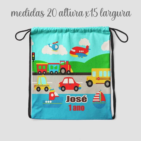 Mochila Saquinho Surpresa Personalizada Meio de Transportes