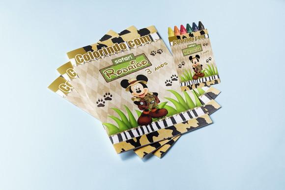 Revista para Colorir e Giz de Cera do Mickey Safari