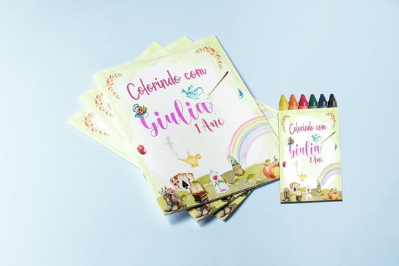 Revistinha Colorir e Giz de Cera Alice no Pais das Maravilha