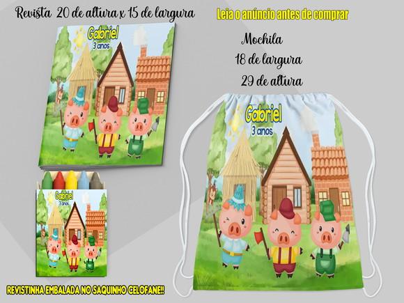 Kit Colorir dos 3 Porquinhos Mochila e Revista com Giz