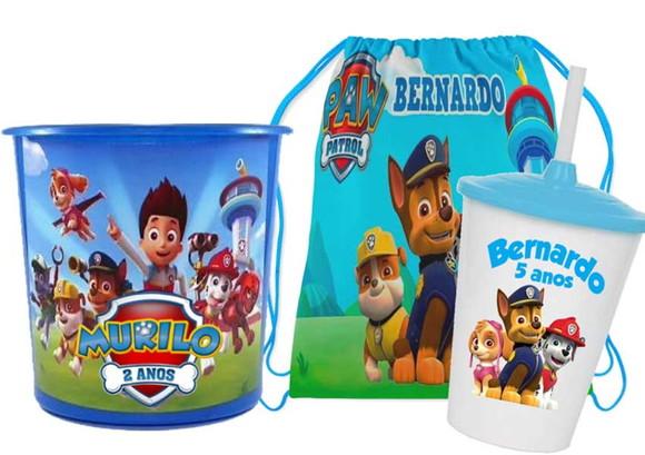 Kits Mochila+balde de Pipoca+copo Twister Patrulha Canina