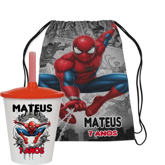 Mochilinha e Copo Twister para Lembrancinhas do Homem Aranha