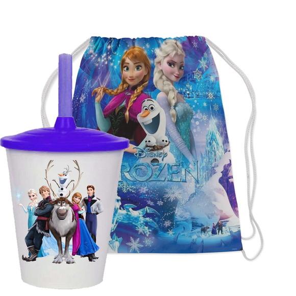 Mochilinha e Copo Twister Personalizado da Ana e Elza Frozen
