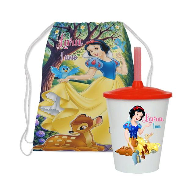 Mochilinha e Copo Twister Personalizado da Branca de Neve