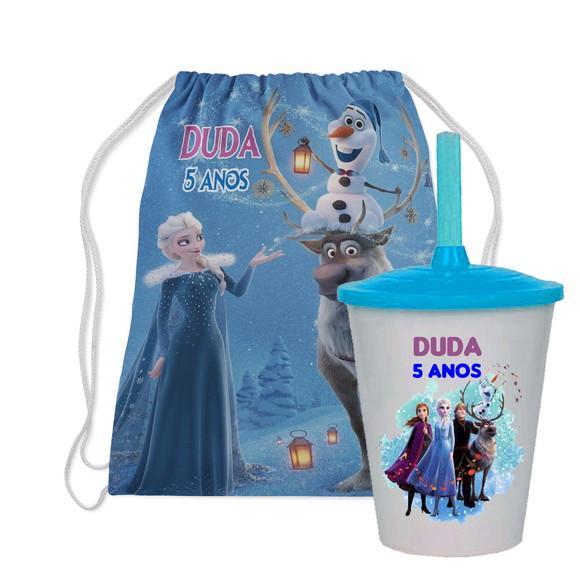 Mochilinha e Copo Twister Personalizado da Ana e Elza Frozen