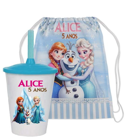 Mochilinha e Copo Twister Personalizado da Ana e Elza Frozen