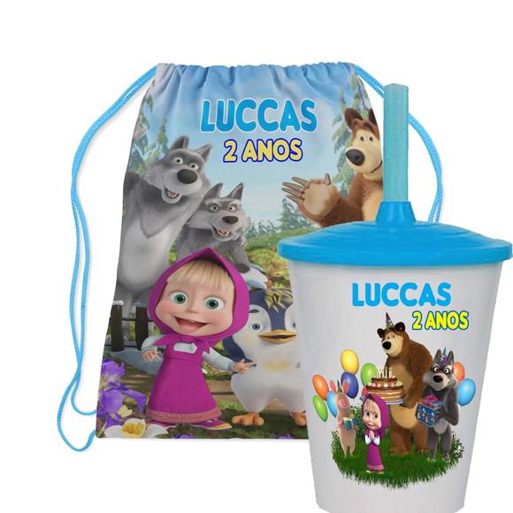 Mochilinha Personalizada +copo Twister da Marsha e o Urso