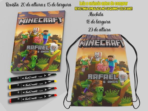 Mochilinha+revista Colorir com Canetinhas  lembrancinhas do Minec